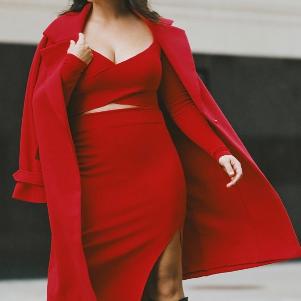 ISO XXS Red Express Body Contour Side Slit Midi Sweater Pencil Skirt